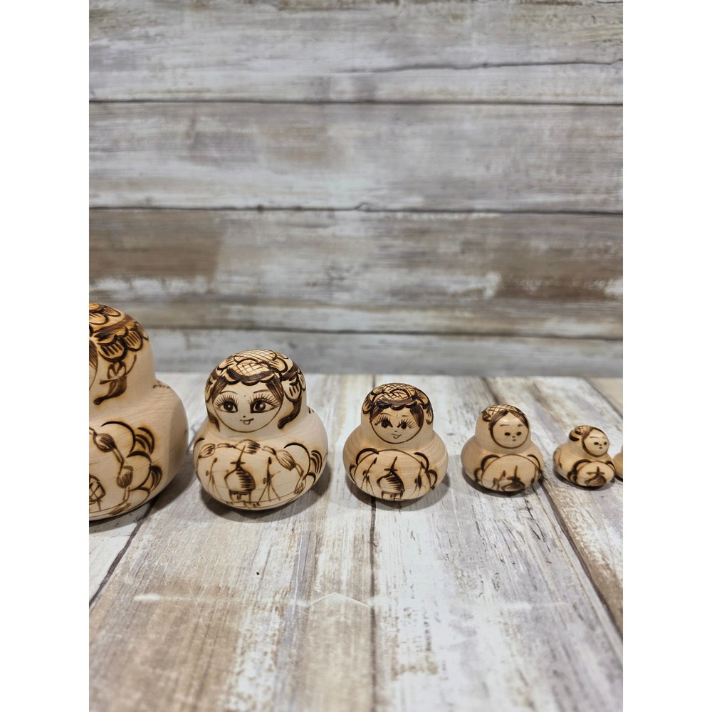 Russian Nesting Dolls Matryoshka Set of 10 Wood Burned Pyrography Folk Art Decor - Picture 3 of 16